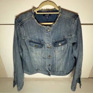 Chaps Washed Mid Tone Blue Denim Jacket with Distressed Collar Trim Plus Woman